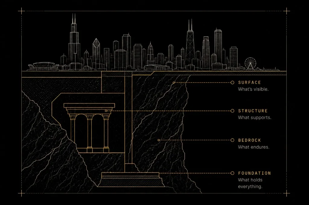 Architectural cross-section of the Chicago skyline supported by a structure extending into bedrock.